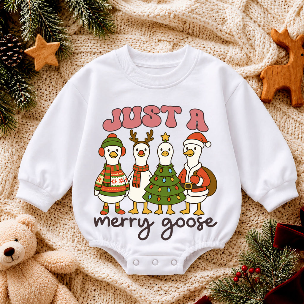 Just a Merry Goose Baby Romper, Christmas Goose 1st Birthday Outfit, Baby 1st Christmas Romper, Funny Farm Holiday Gift — product view 4