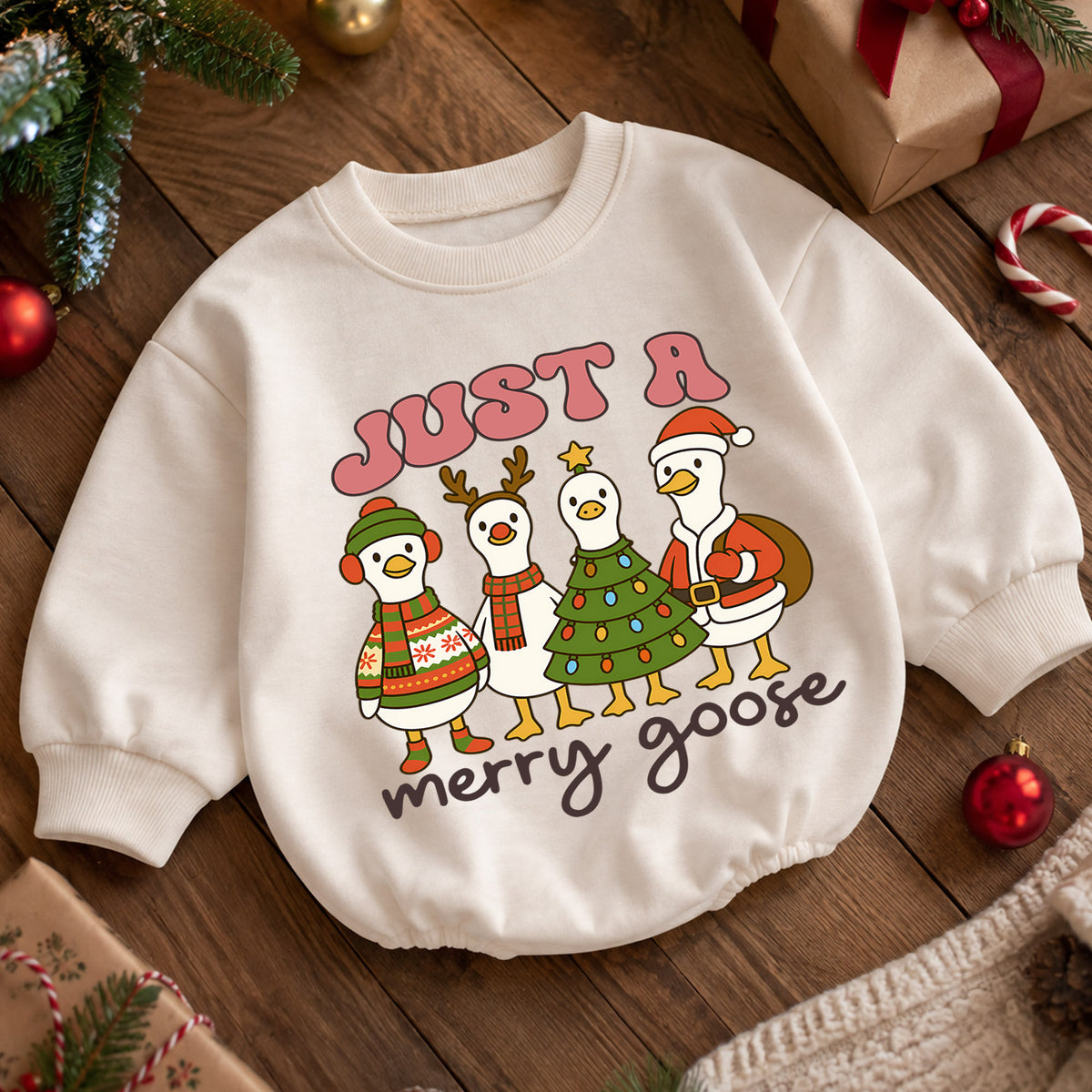Just a Merry Goose Baby Romper, Christmas Goose 1st Birthday Outfit, Baby 1st Christmas Romper, Funny Farm Holiday Gift — product view 5