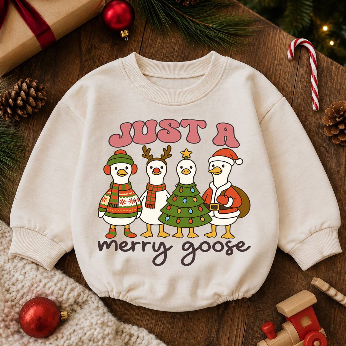 Just a Merry Goose Baby Romper, Christmas Goose 1st Birthday Outfit, Baby 1st Christmas Romper, Funny Farm Holiday Gift — product view 6