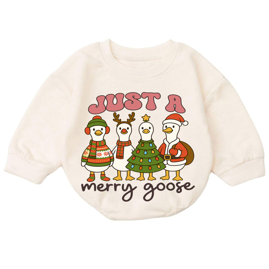 Just a Merry Goose Baby Romper, Christmas Goose 1st Birthday Outfit, Baby 1st Christmas Romper, Funny Farm Holiday Gift — product view 7