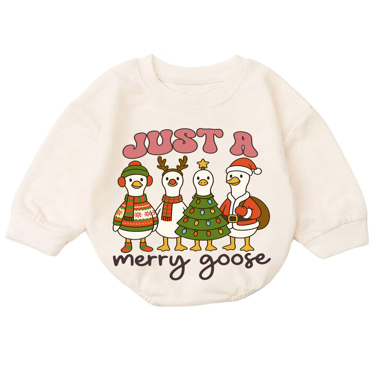 Just a Merry Goose Baby Romper, Christmas Goose 1st Birthday Outfit, Baby 1st Christmas Romper, Funny Farm Holiday Gift — product view 7