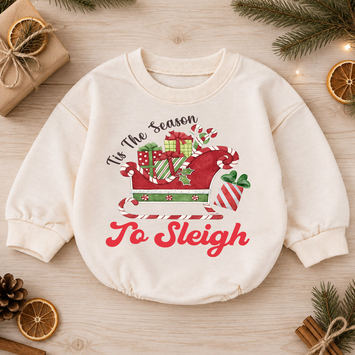 Christmas Sleigh Baby Romper, Tis the Season to Sleigh Holiday Outfit, Cute Toddler Romper, Festive Baby Christmas Gift — product view 1