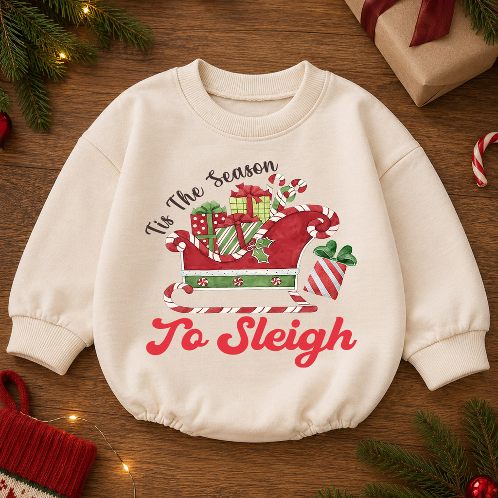 Christmas Sleigh Baby Romper, Tis the Season to Sleigh Holiday Outfit, Cute Toddler Romper, Festive Baby Christmas Gift — product view 2