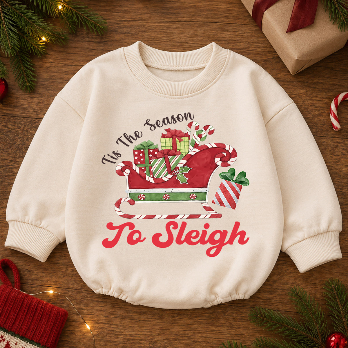 Christmas Sleigh Baby Romper, Tis the Season to Sleigh Holiday Outfit, Cute Toddler Romper, Festive Baby Christmas Gift — product view 2