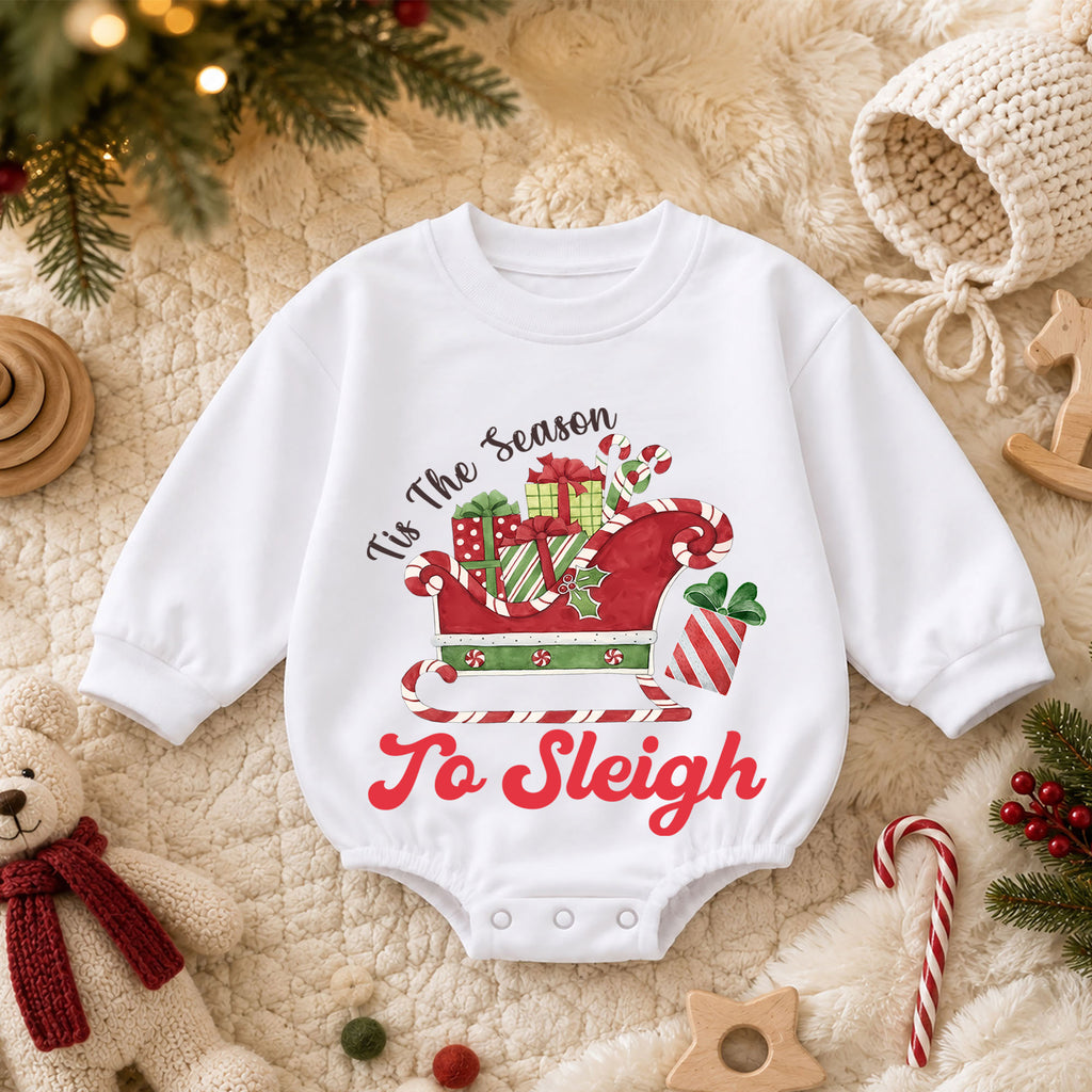 Christmas Sleigh Baby Romper, Tis the Season to Sleigh Holiday Outfit, Cute Toddler Romper, Festive Baby Christmas Gift — product view 3
