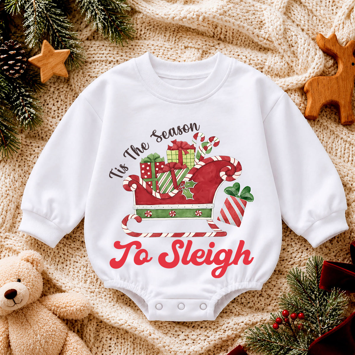 Christmas Sleigh Baby Romper, Tis the Season to Sleigh Holiday Outfit, Cute Toddler Romper, Festive Baby Christmas Gift — product view 4