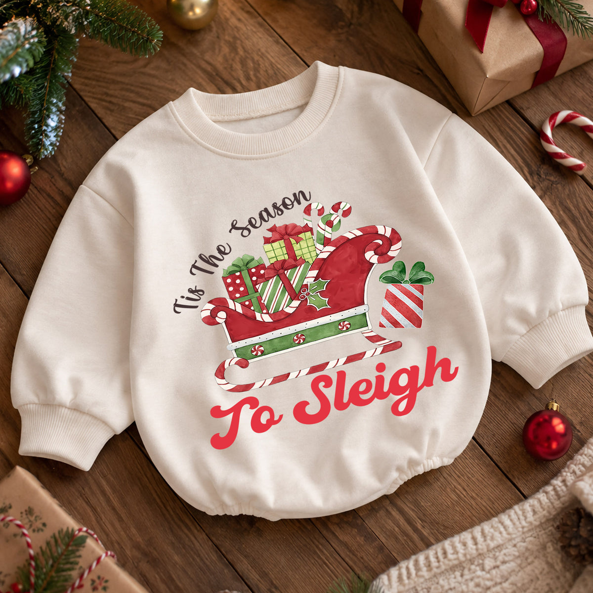 Christmas Sleigh Baby Romper, Tis the Season to Sleigh Holiday Outfit, Cute Toddler Romper, Festive Baby Christmas Gift — product view 5