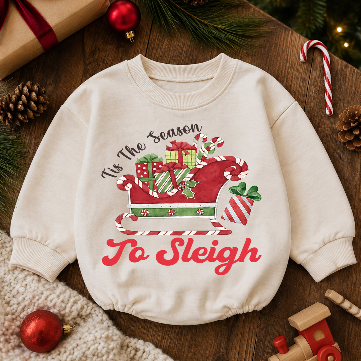 Christmas Sleigh Baby Romper, Tis the Season to Sleigh Holiday Outfit, Cute Toddler Romper, Festive Baby Christmas Gift — product view 6