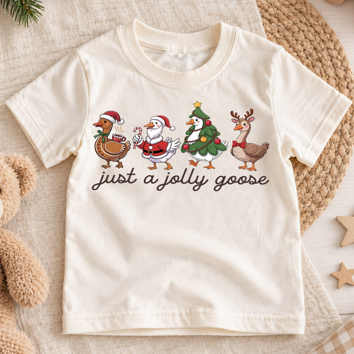 Just a Jolly Goose Kids Christmas Shirt, Funny Duck Holiday Tee, Santa Elf Goose Outfit, Cute Toddler Xmas Gift, Festive Goose Top — product view 1