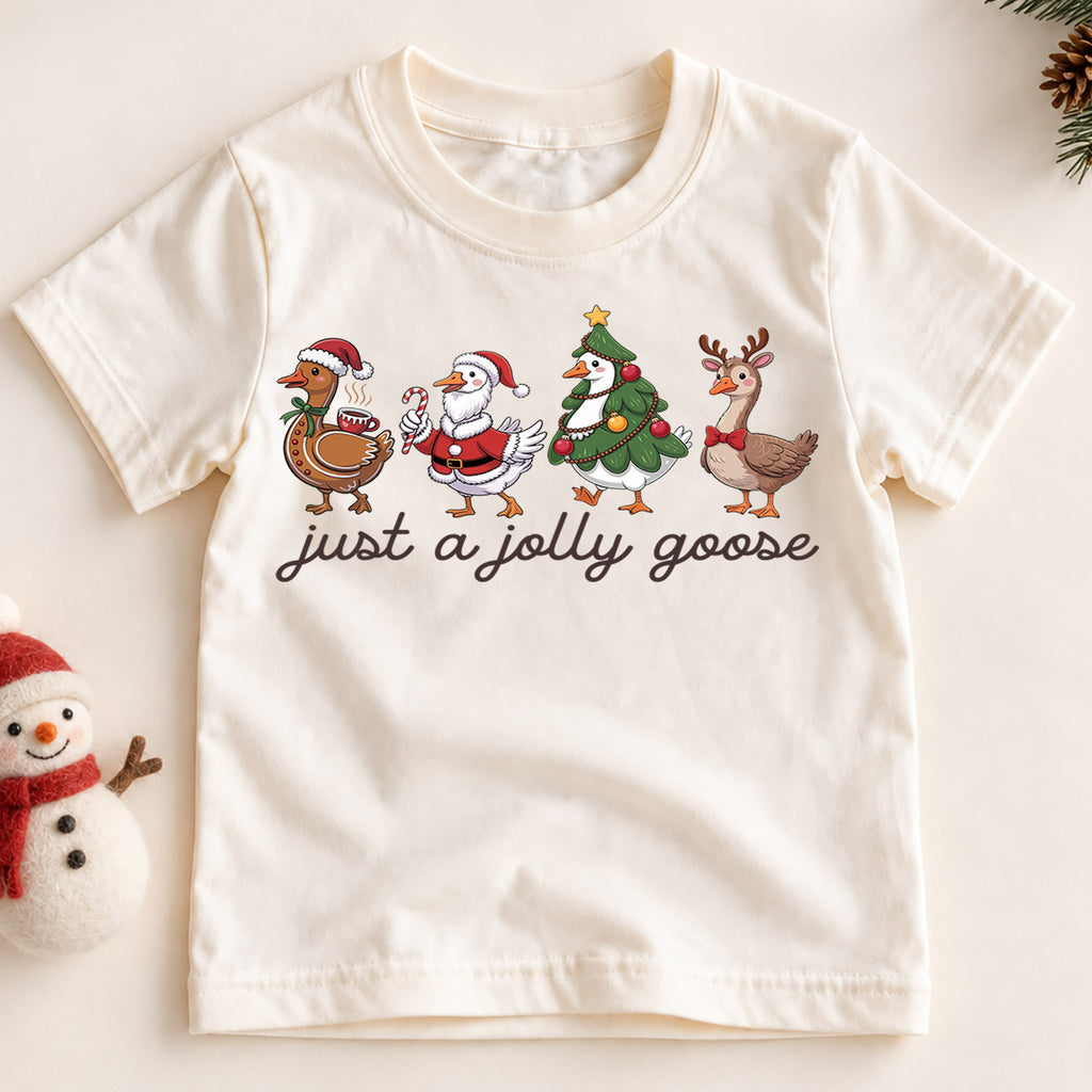 Just a Jolly Goose Kids Christmas Shirt, Funny Duck Holiday Tee, Santa Elf Goose Outfit, Cute Toddler Xmas Gift, Festive Goose Top — product view 2