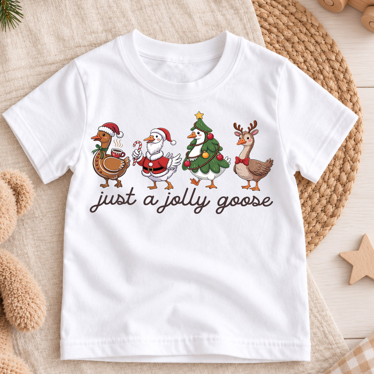Just a Jolly Goose Kids Christmas Shirt, Funny Duck Holiday Tee, Santa Elf Goose Outfit, Cute Toddler Xmas Gift, Festive Goose Top — product view 3