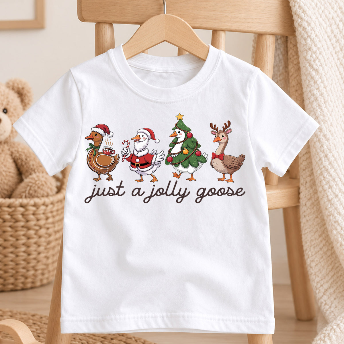 Just a Jolly Goose Kids Christmas Shirt, Funny Duck Holiday Tee, Santa Elf Goose Outfit, Cute Toddler Xmas Gift, Festive Goose Top — product view 4