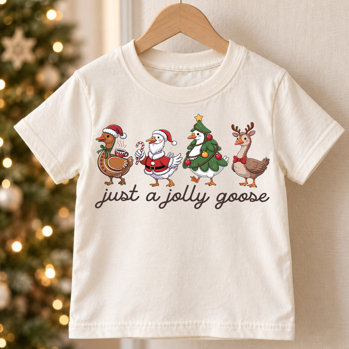 Just a Jolly Goose Kids Christmas Shirt, Funny Duck Holiday Tee, Santa Elf Goose Outfit, Cute Toddler Xmas Gift, Festive Goose Top — product view 5