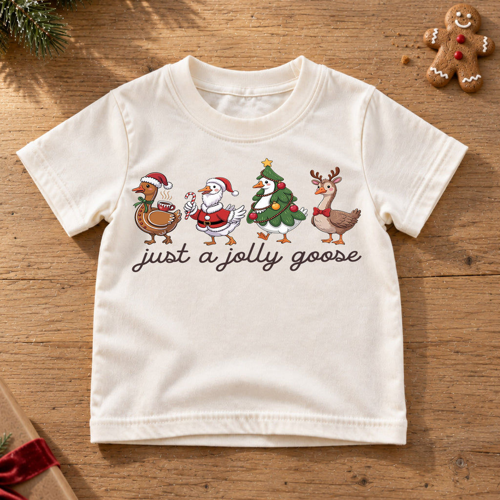 Just a Jolly Goose Kids Christmas Shirt, Funny Duck Holiday Tee, Santa Elf Goose Outfit, Cute Toddler Xmas Gift, Festive Goose Top — product view 6