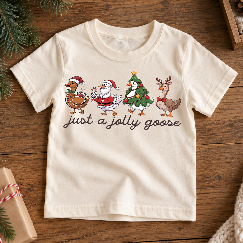 Just a Jolly Goose Kids Christmas Shirt, Funny Duck Holiday Tee, Santa Elf Goose Outfit, Cute Toddler Xmas Gift, Festive Goose Top — product view 7
