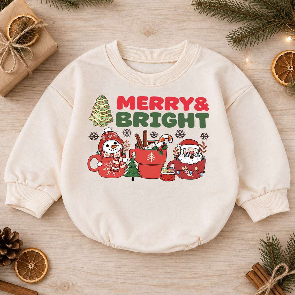 Merry and Bright Christmas Baby Romper, Santa Snowman Holiday Outfit, Cute Toddler Xmas Romper, Sweet 1st Christmas Gift — product view 1