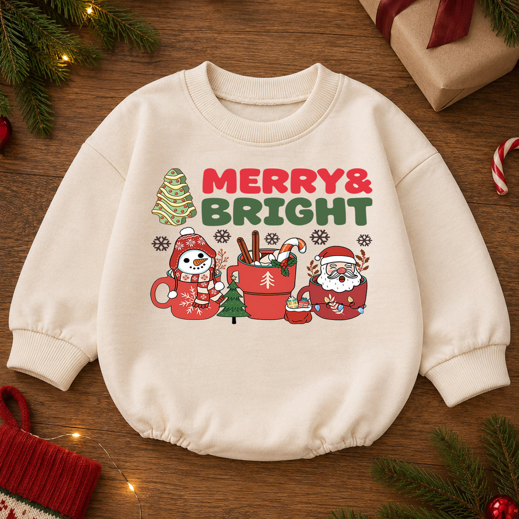 Merry and Bright Christmas Baby Romper, Santa Snowman Holiday Outfit, Cute Toddler Xmas Romper, Sweet 1st Christmas Gift — product view 2