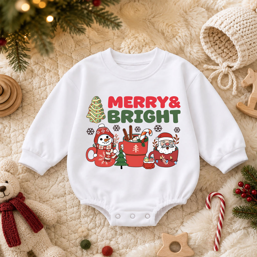 Merry and Bright Christmas Baby Romper, Santa Snowman Holiday Outfit, Cute Toddler Xmas Romper, Sweet 1st Christmas Gift — product view 3