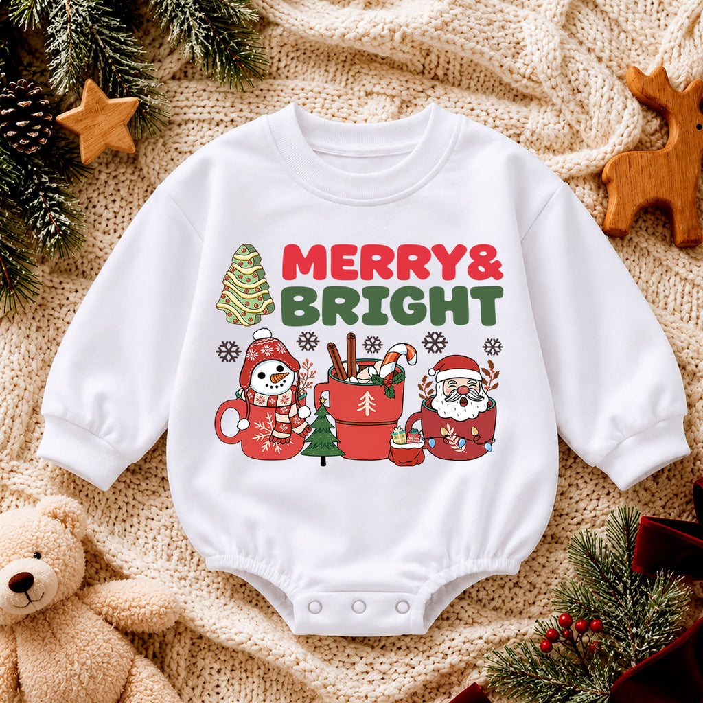 Merry and Bright Christmas Baby Romper, Santa Snowman Holiday Outfit, Cute Toddler Xmas Romper, Sweet 1st Christmas Gift — product view 4