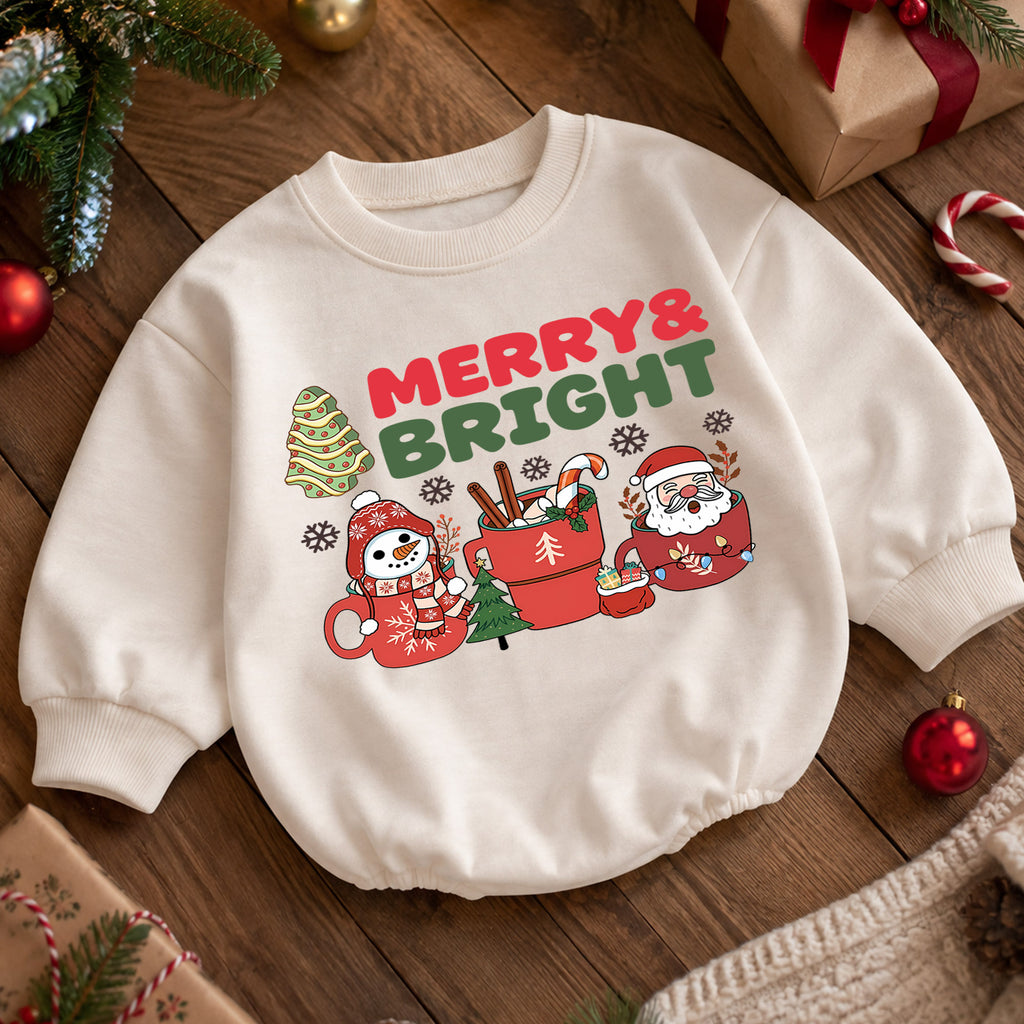 Merry and Bright Christmas Baby Romper, Santa Snowman Holiday Outfit, Cute Toddler Xmas Romper, Sweet 1st Christmas Gift — product view 5