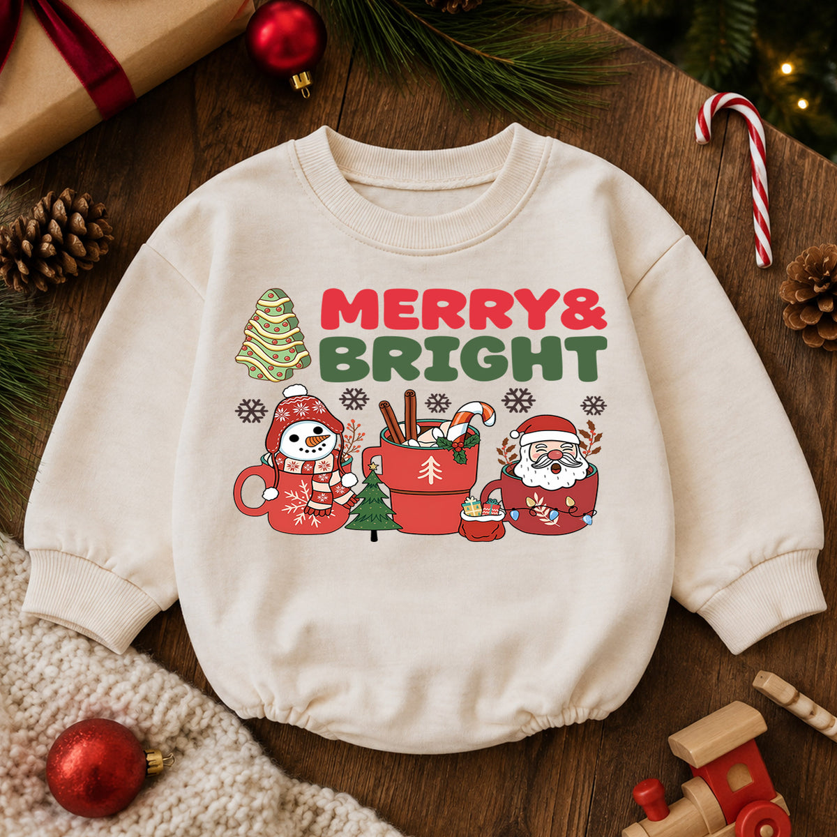Merry and Bright Christmas Baby Romper, Santa Snowman Holiday Outfit, Cute Toddler Xmas Romper, Sweet 1st Christmas Gift — product view 6
