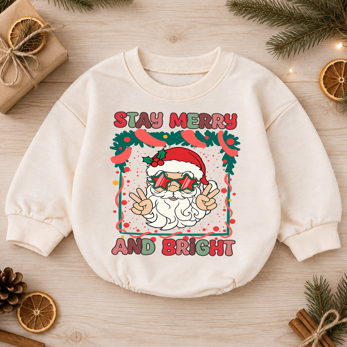 Stay Merry and Bright Santa Romper, Retro Christmas Baby Outfit, 1st Christmas Keepsake, 1st Birthday Holiday Romper and Xmas Gift — product view 1