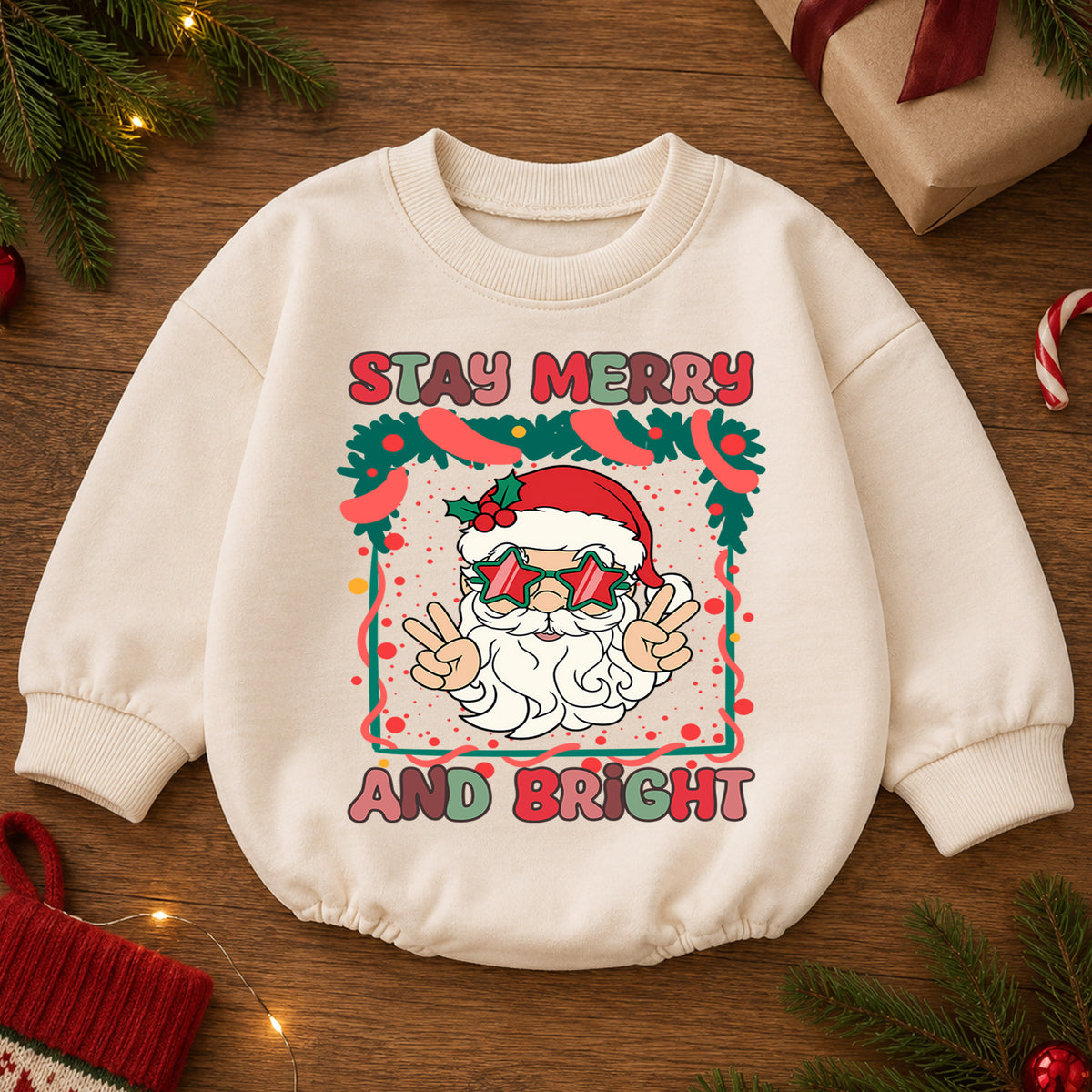 Stay Merry and Bright Santa Romper, Retro Christmas Baby Outfit, 1st Christmas Keepsake, 1st Birthday Holiday Romper and Xmas Gift — product view 2
