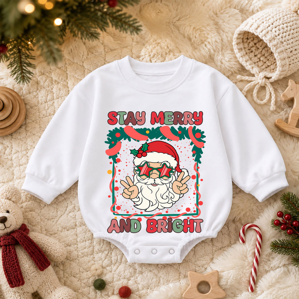 Stay Merry and Bright Santa Romper, Retro Christmas Baby Outfit, 1st Christmas Keepsake, 1st Birthday Holiday Romper and Xmas Gift — product view 3