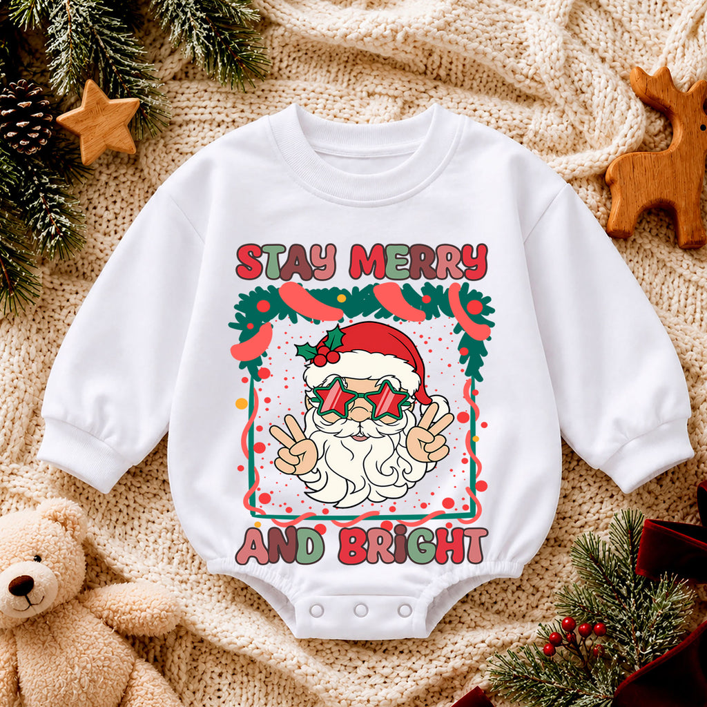 Stay Merry and Bright Santa Romper, Retro Christmas Baby Outfit, 1st Christmas Keepsake, 1st Birthday Holiday Romper and Xmas Gift — product view 4