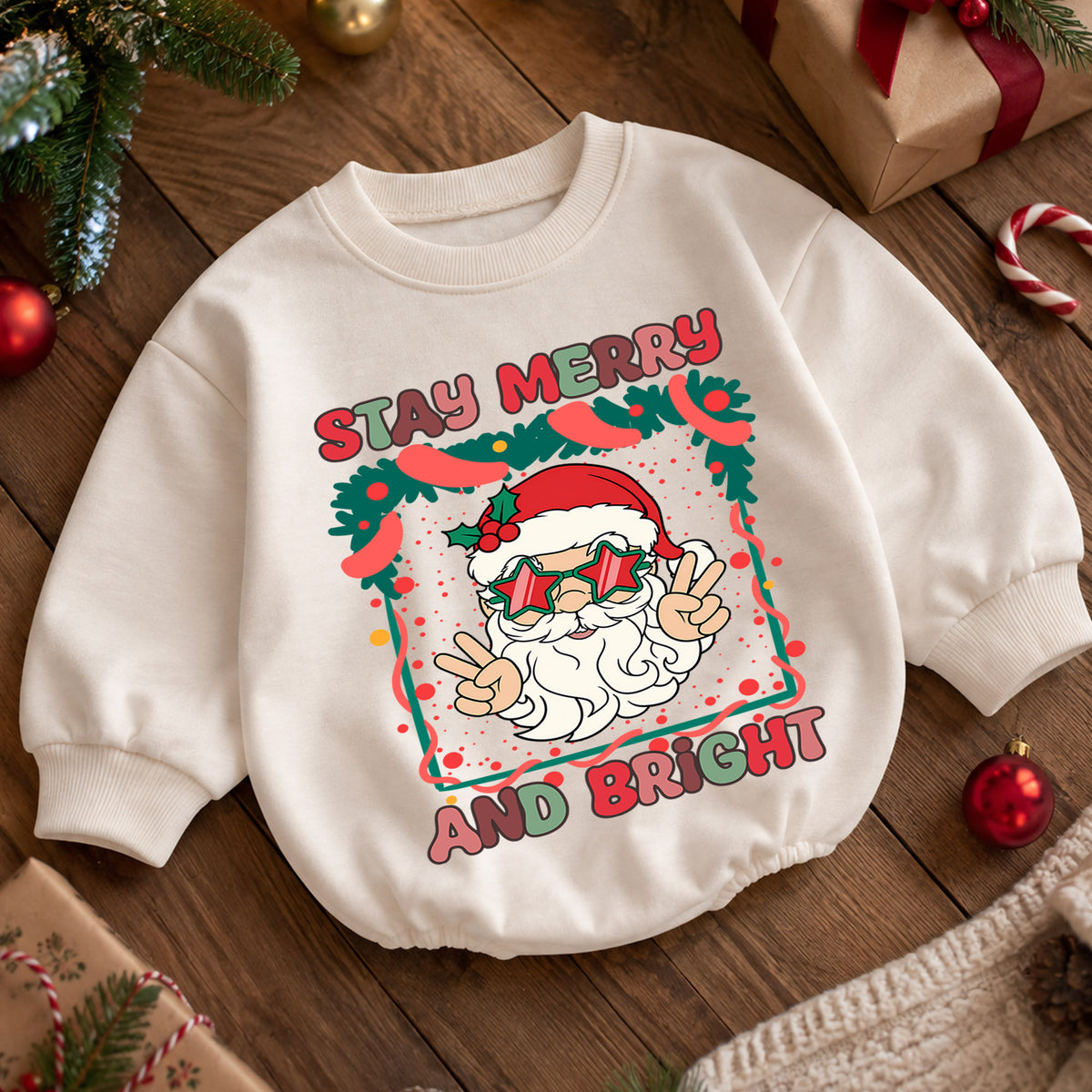 Stay Merry and Bright Santa Romper, Retro Christmas Baby Outfit, 1st Christmas Keepsake, 1st Birthday Holiday Romper and Xmas Gift — product view 5