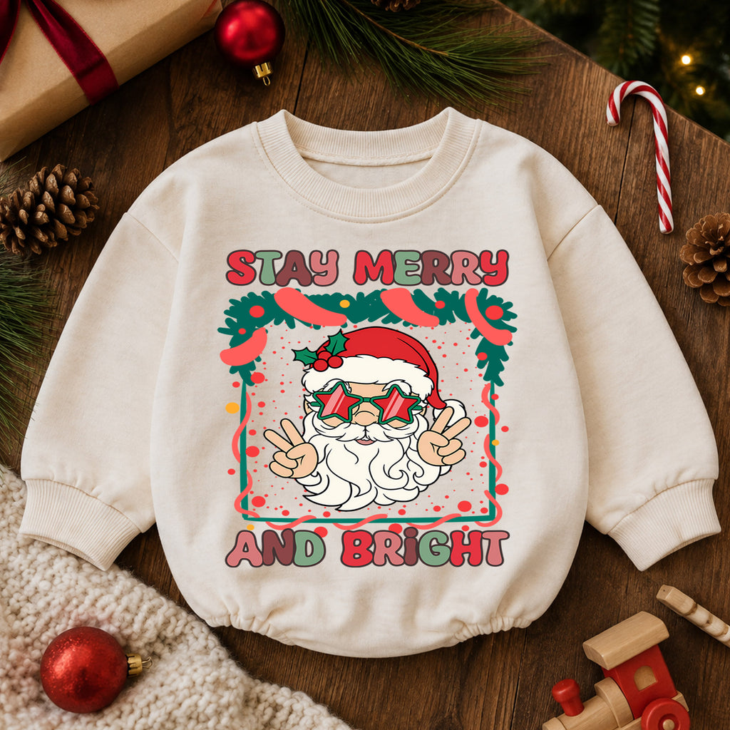 Stay Merry and Bright Santa Romper, Retro Christmas Baby Outfit, 1st Christmas Keepsake, 1st Birthday Holiday Romper and Xmas Gift — product view 6