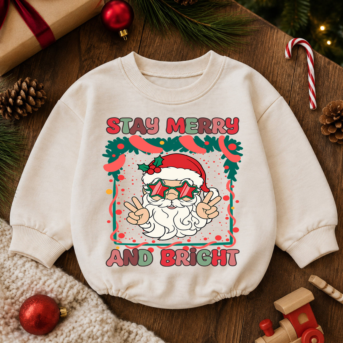 Stay Merry and Bright Santa Romper, Retro Christmas Baby Outfit, 1st Christmas Keepsake, 1st Birthday Holiday Romper and Xmas Gift — product view 6