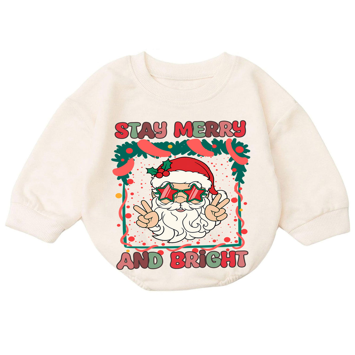Stay Merry and Bright Santa Romper, Retro Christmas Baby Outfit, 1st Christmas Keepsake, 1st Birthday Holiday Romper and Xmas Gift — product view 7