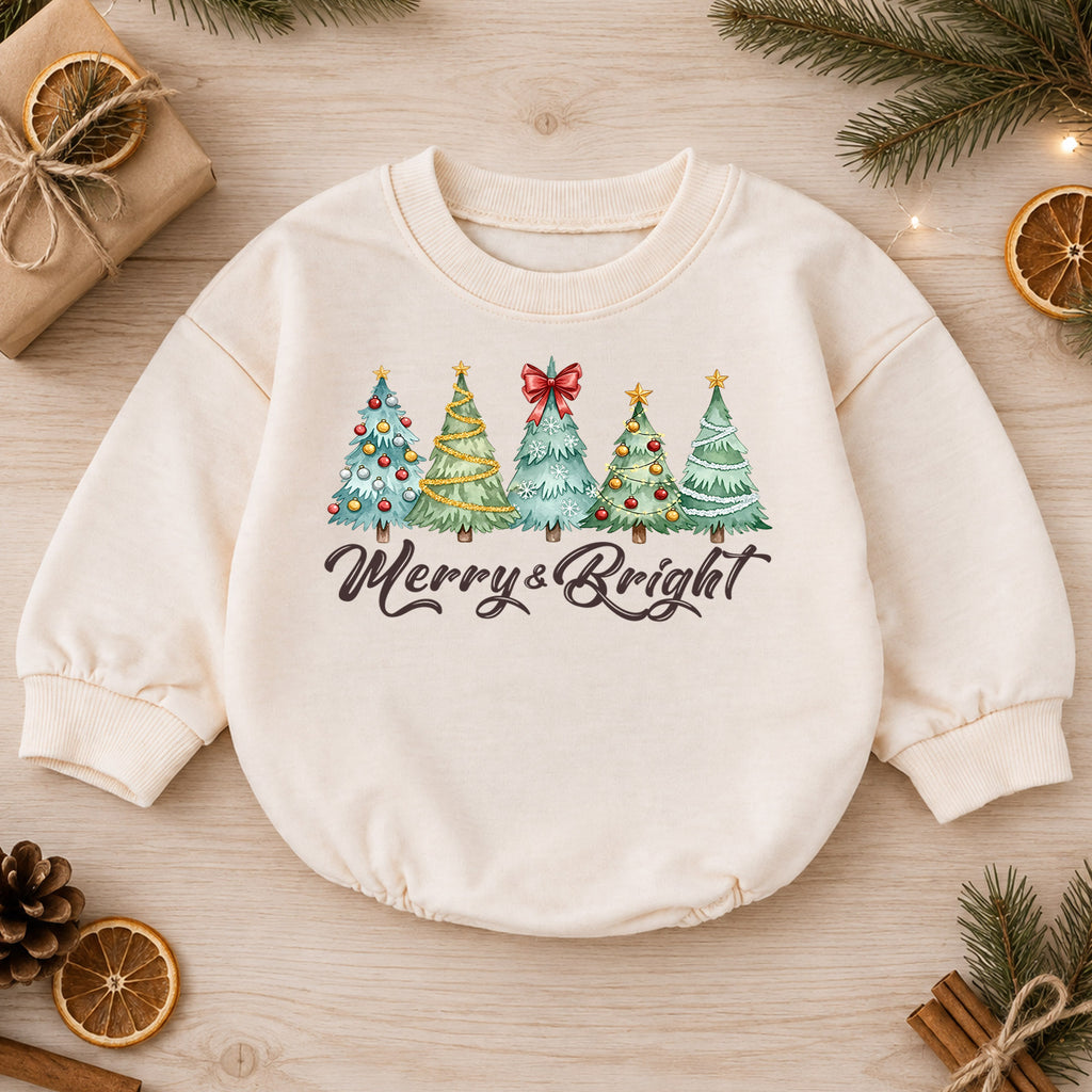 Merry and Bright Christmas Baby Romper, Watercolor Christmas Trees Outfit, Toddler Holiday Romper, Cute 1st Christmas Gift — product view 1
