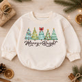 Merry and Bright Christmas Baby Romper, Watercolor Christmas Trees Outfit, Toddler Holiday Romper, Cute 1st Christmas Gift — product view 1