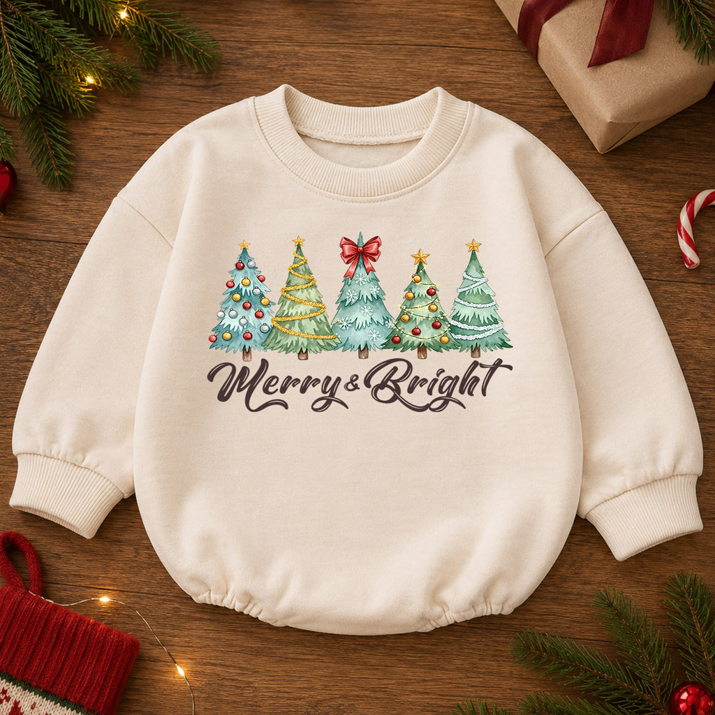Merry and Bright Christmas Baby Romper, Watercolor Christmas Trees Outfit, Toddler Holiday Romper, Cute 1st Christmas Gift — product view 2