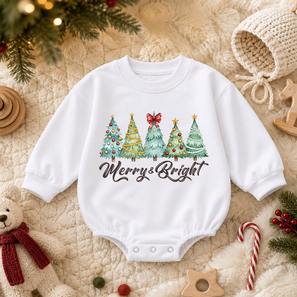 Merry and Bright Christmas Baby Romper, Watercolor Christmas Trees Outfit, Toddler Holiday Romper, Cute 1st Christmas Gift — product view 3