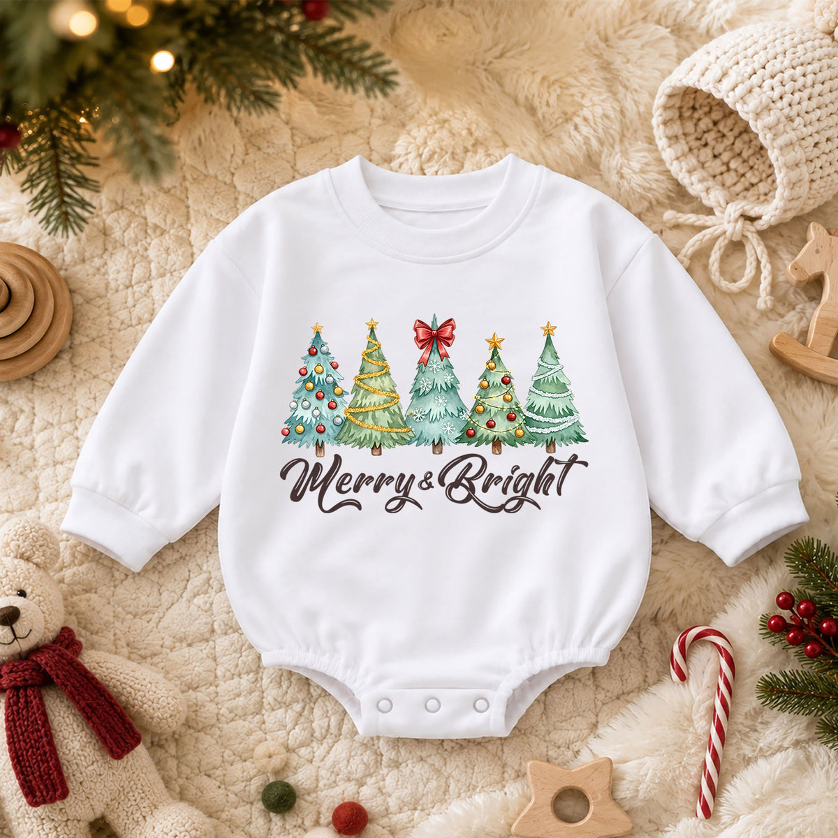 Merry and Bright Christmas Baby Romper, Watercolor Christmas Trees Outfit, Toddler Holiday Romper, Cute 1st Christmas Gift — product view 3