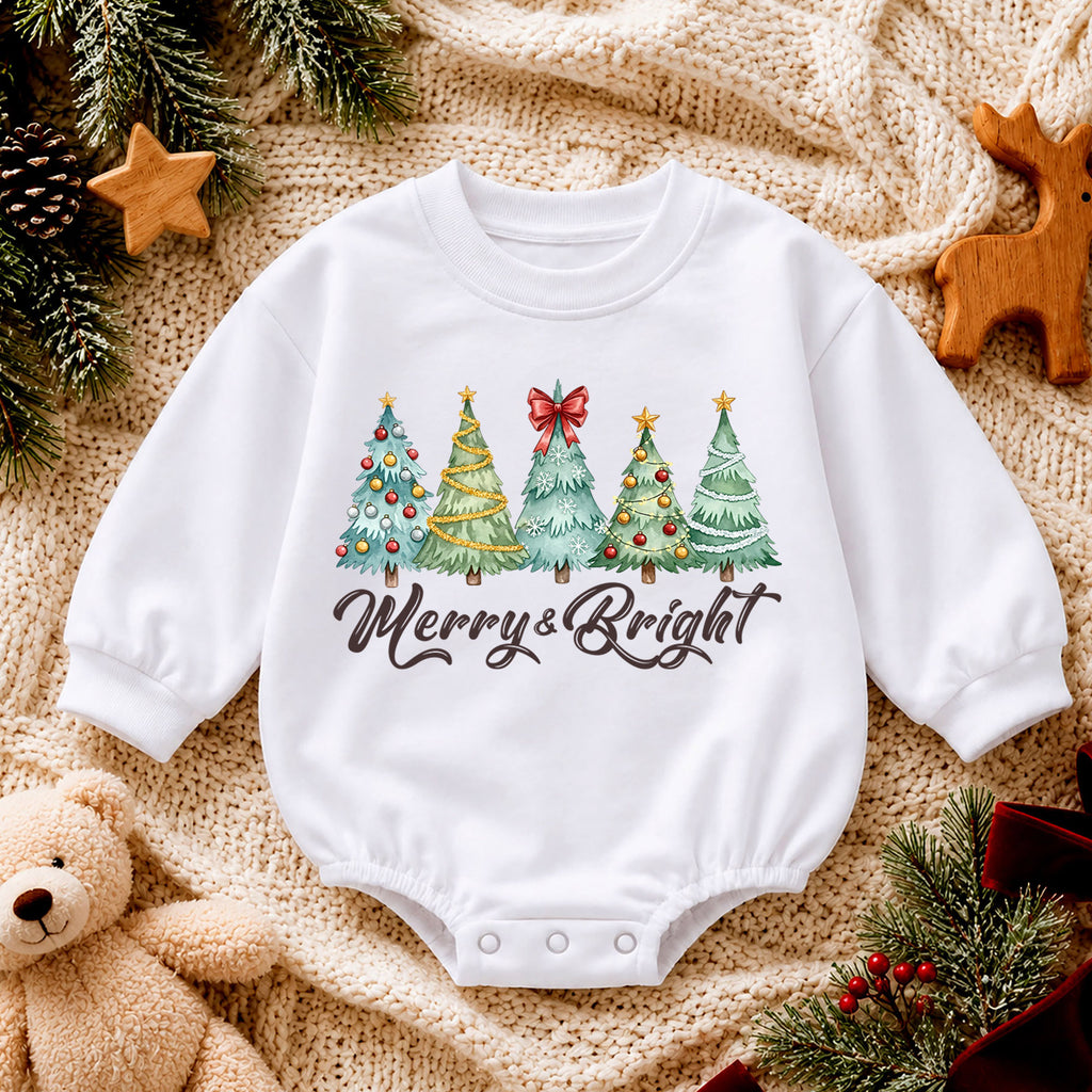 Merry and Bright Christmas Baby Romper, Watercolor Christmas Trees Outfit, Toddler Holiday Romper, Cute 1st Christmas Gift — product view 4