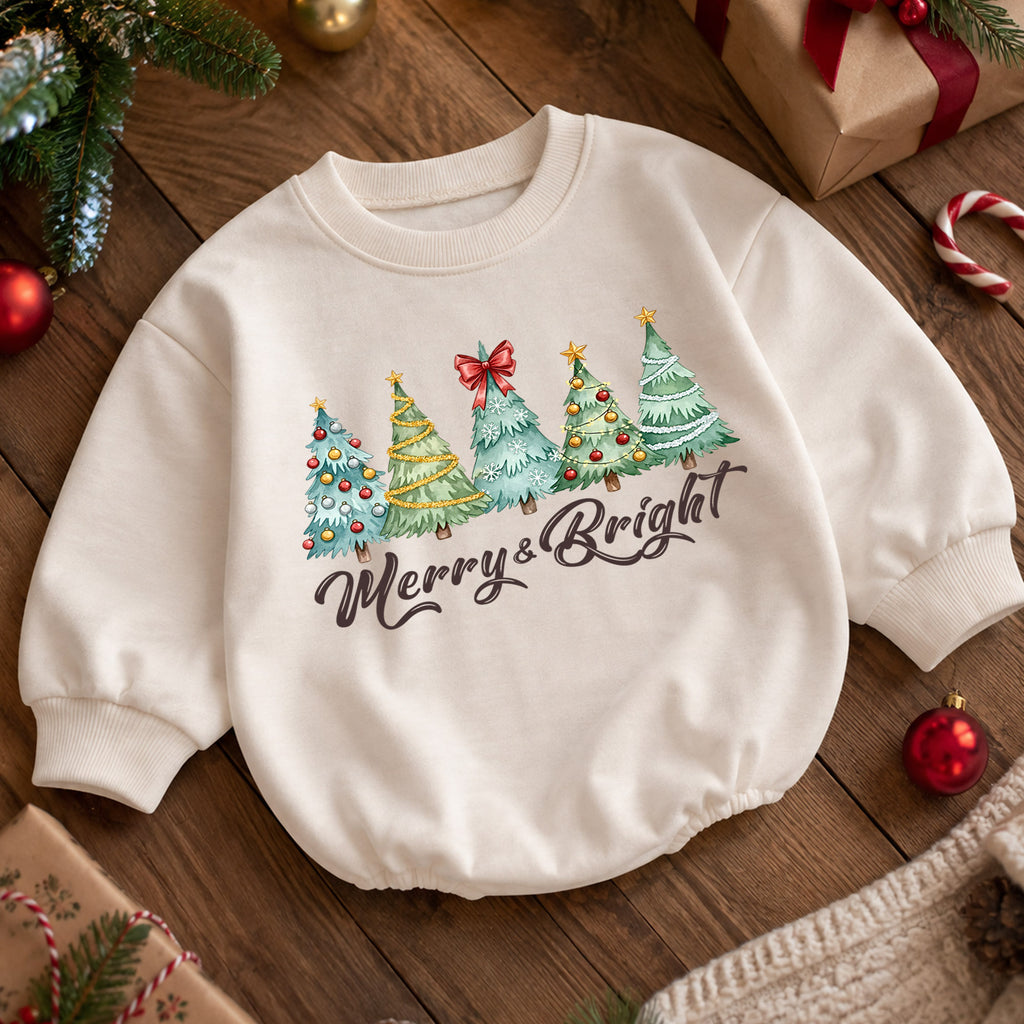 Merry and Bright Christmas Baby Romper, Watercolor Christmas Trees Outfit, Toddler Holiday Romper, Cute 1st Christmas Gift — product view 5