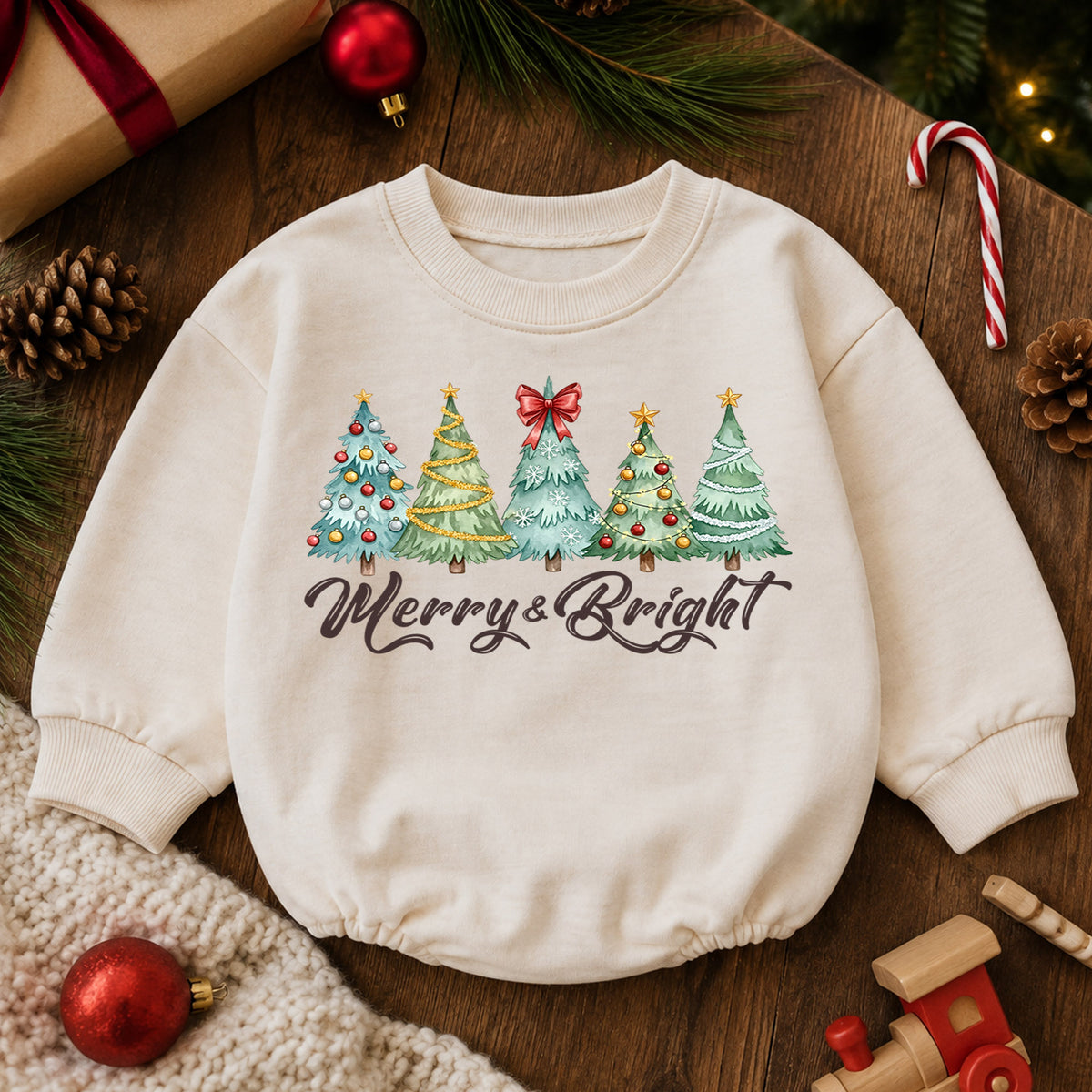 Merry and Bright Christmas Baby Romper, Watercolor Christmas Trees Outfit, Toddler Holiday Romper, Cute 1st Christmas Gift — product view 6