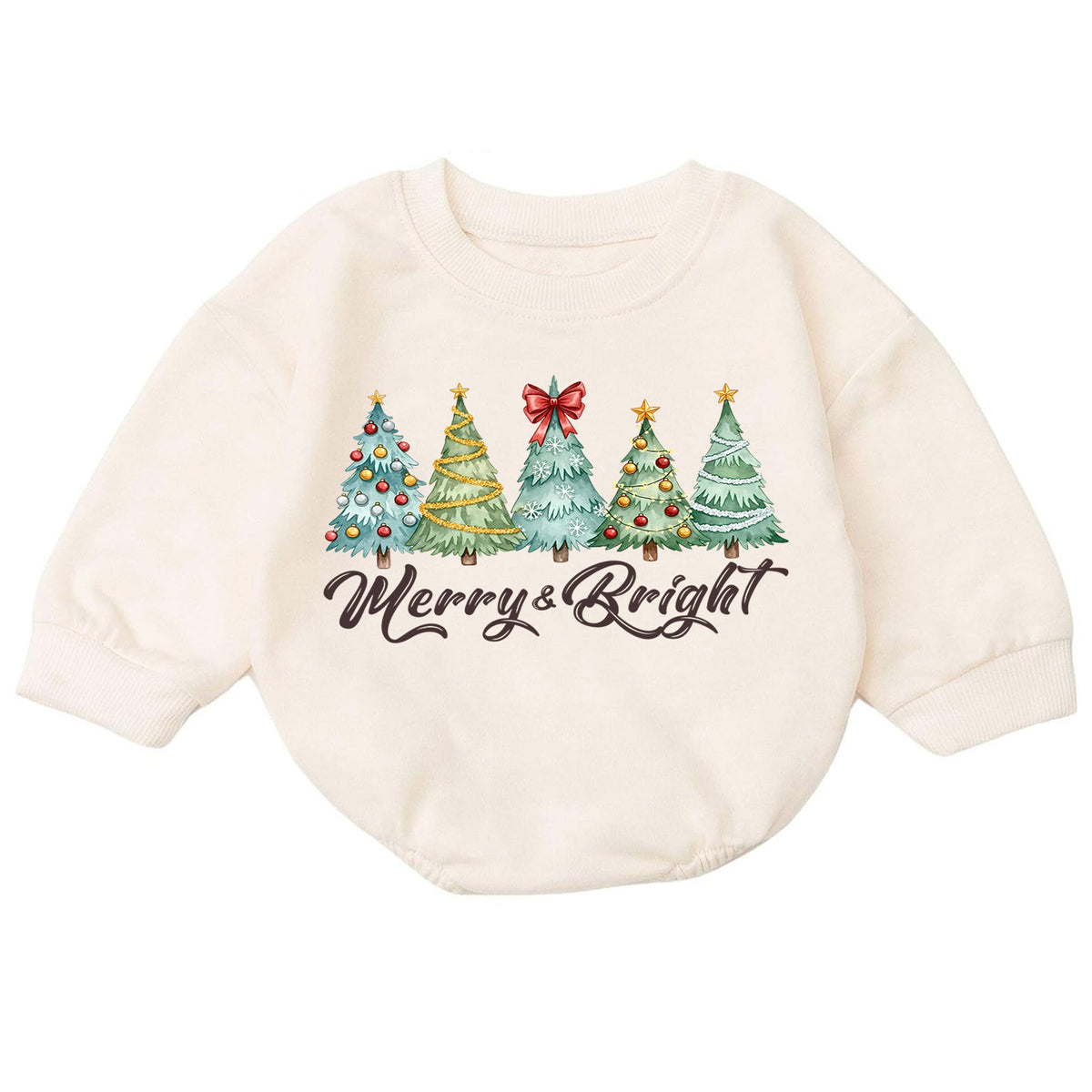 Merry and Bright Christmas Baby Romper, Watercolor Christmas Trees Outfit, Toddler Holiday Romper, Cute 1st Christmas Gift — product view 7