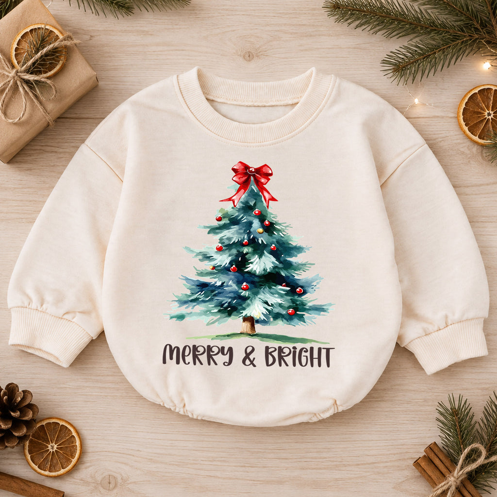 Watercolor Tree Holiday Outfit, Merry and Bright Christmas Baby Romper, Toddler Xmas Romper, Cute 1st Christmas Gift for Baby — product view 1