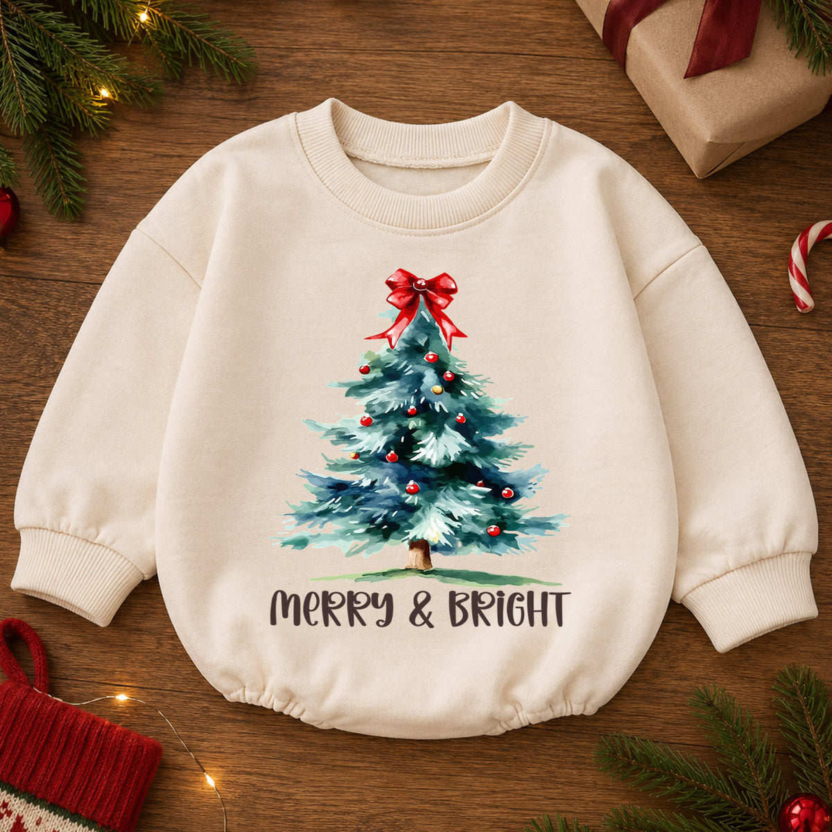 Watercolor Tree Holiday Outfit, Merry and Bright Christmas Baby Romper, Toddler Xmas Romper, Cute 1st Christmas Gift for Baby — product view 2