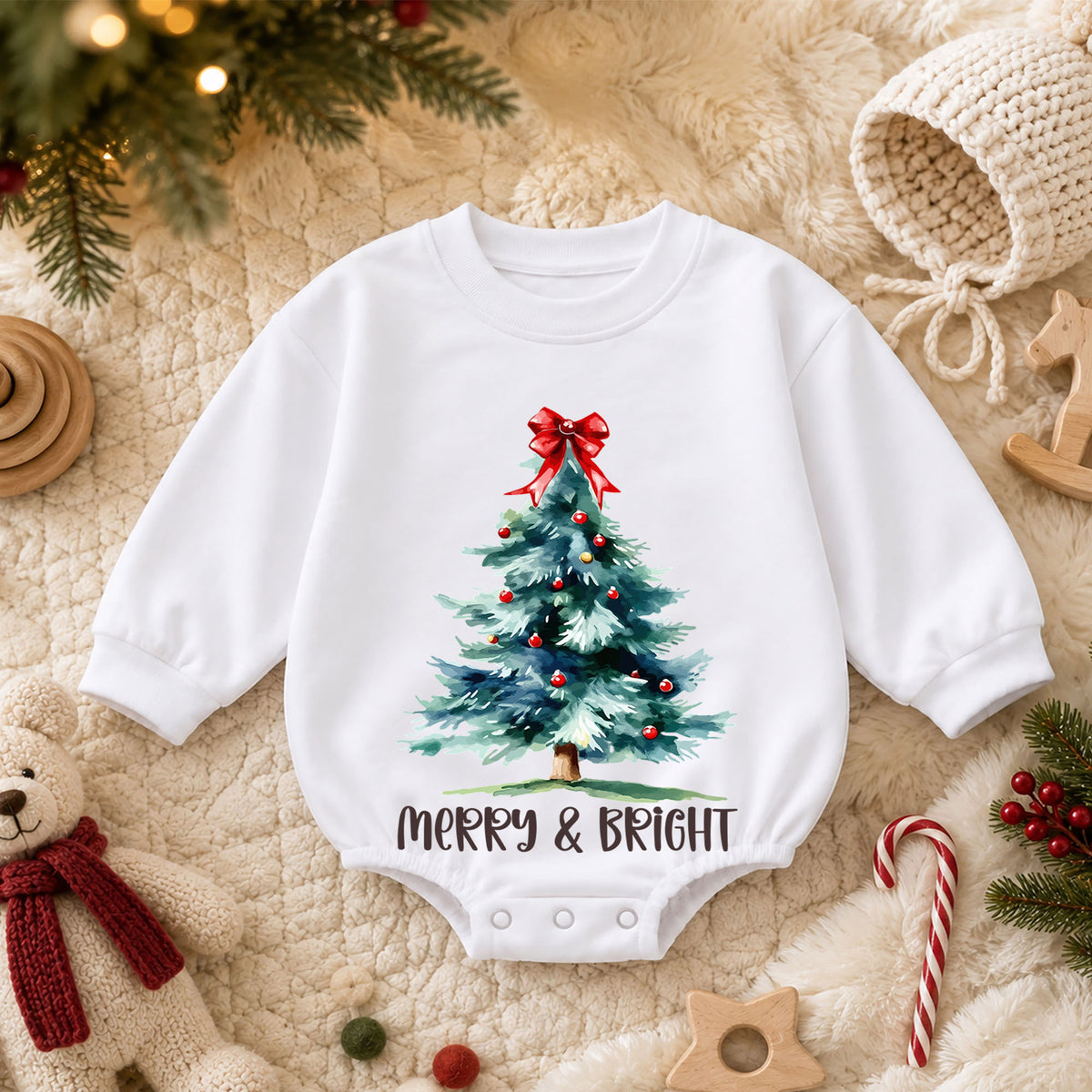 Watercolor Tree Holiday Outfit, Merry and Bright Christmas Baby Romper, Toddler Xmas Romper, Cute 1st Christmas Gift for Baby — product view 3