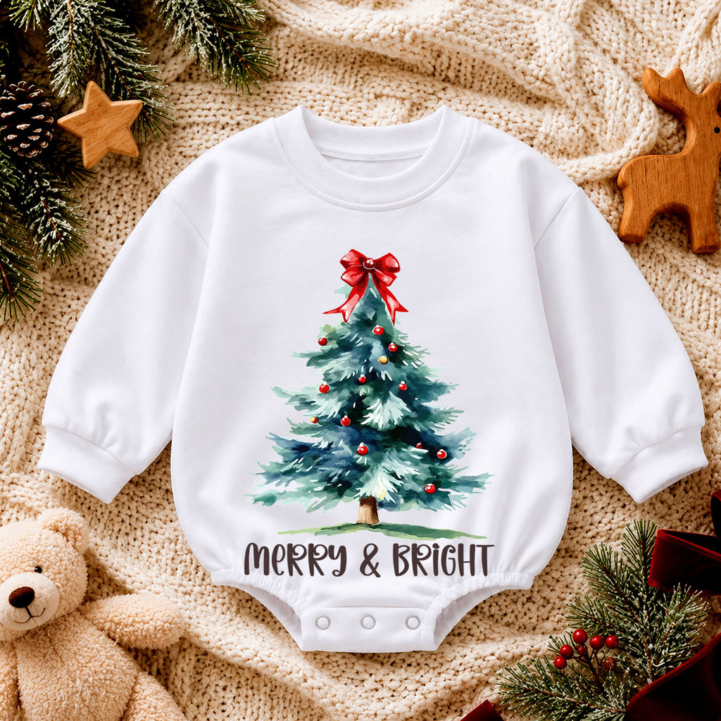 Watercolor Tree Holiday Outfit, Merry and Bright Christmas Baby Romper, Toddler Xmas Romper, Cute 1st Christmas Gift for Baby — product view 4