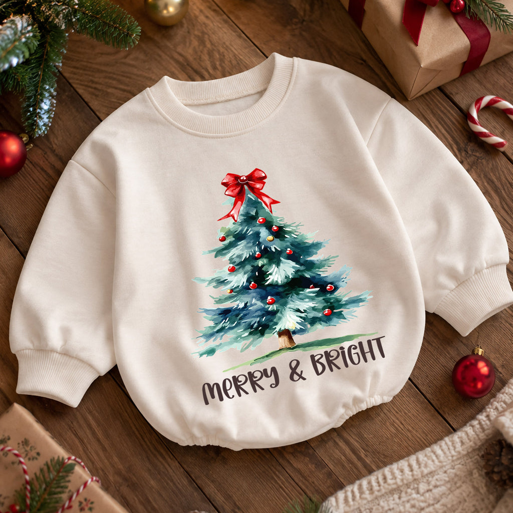 Watercolor Tree Holiday Outfit, Merry and Bright Christmas Baby Romper, Toddler Xmas Romper, Cute 1st Christmas Gift for Baby — product view 5