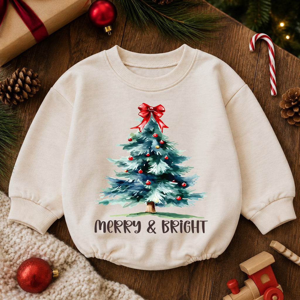 Watercolor Tree Holiday Outfit, Merry and Bright Christmas Baby Romper, Toddler Xmas Romper, Cute 1st Christmas Gift for Baby — product view 6