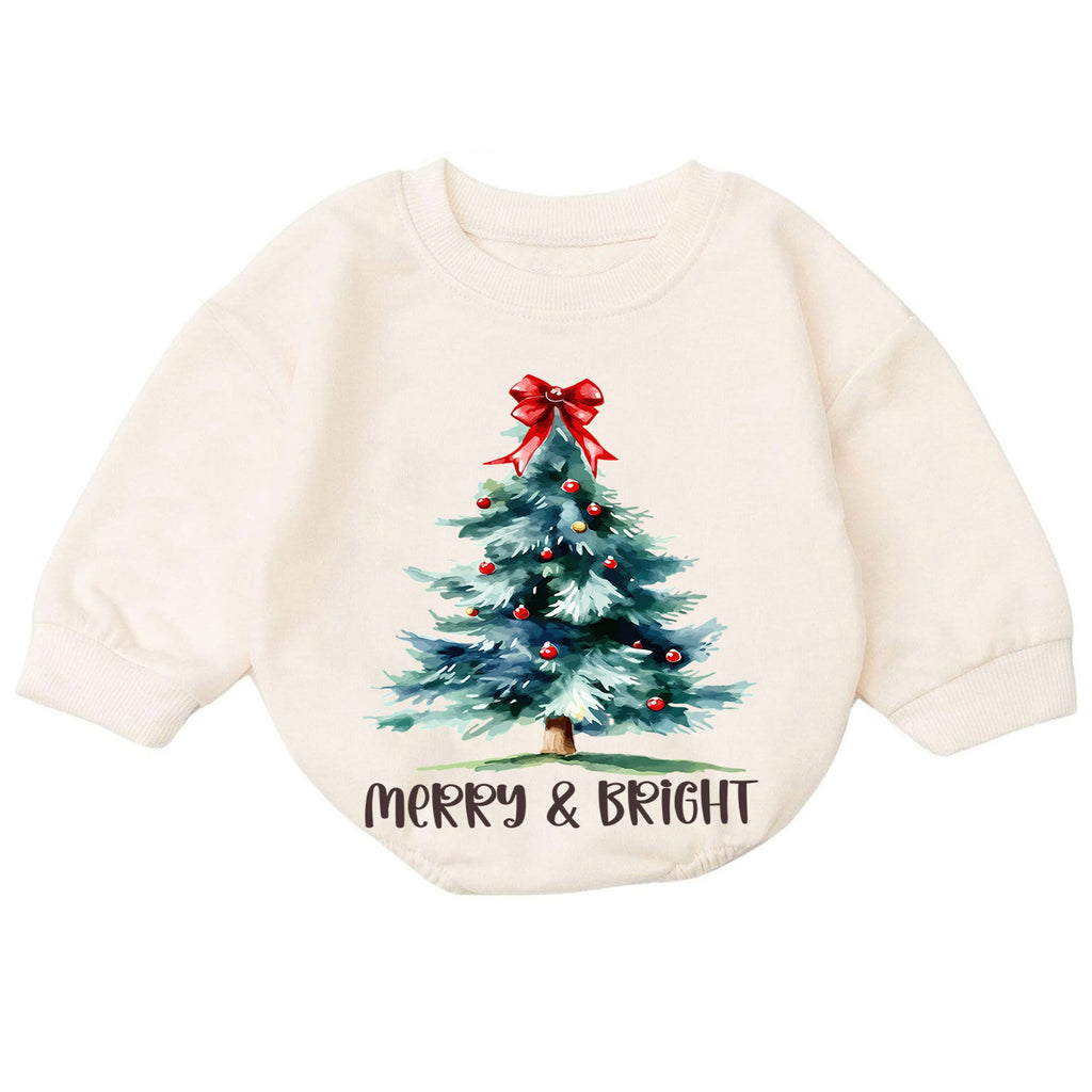 Watercolor Tree Holiday Outfit, Merry and Bright Christmas Baby Romper, Toddler Xmas Romper, Cute 1st Christmas Gift for Baby — product view 7