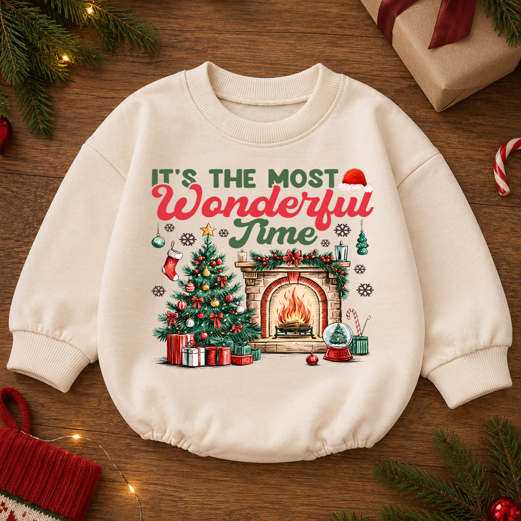 Most Wonderful Time Christmas Baby Romper, Christmas Tree Fireplace Holiday Outfit, 1st Cozy Winter Xmas Romper, Christmas Gift for Baby — product view 2